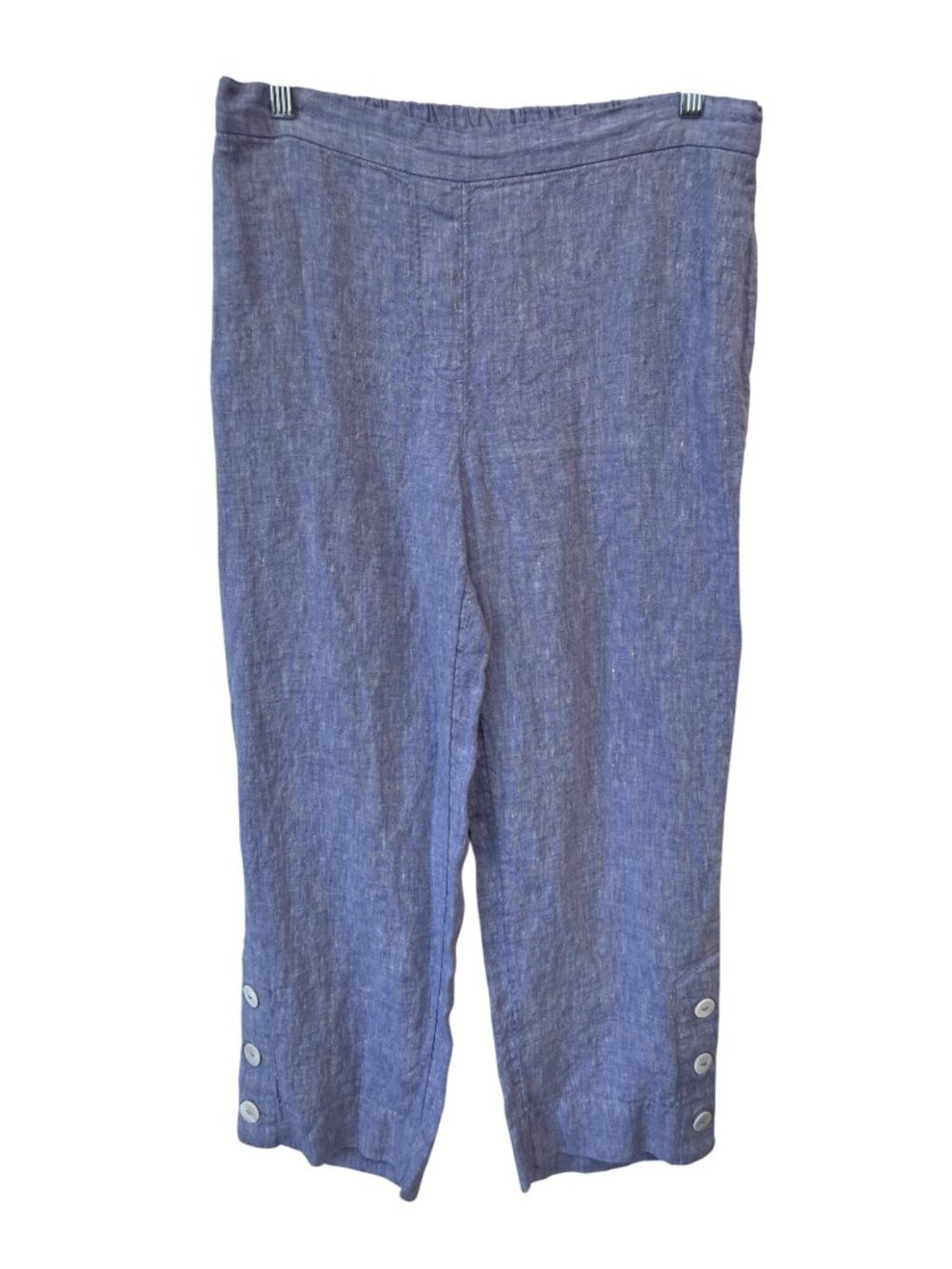 Chicos Crop Pants Size 18 Pull On Flat Front Elastic Waist Button Hem Blue Linen